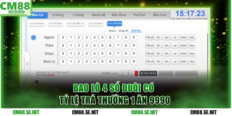 Bao lô 4 số đuôi có tỷ lệ trả thưởng 1 ăn 9990